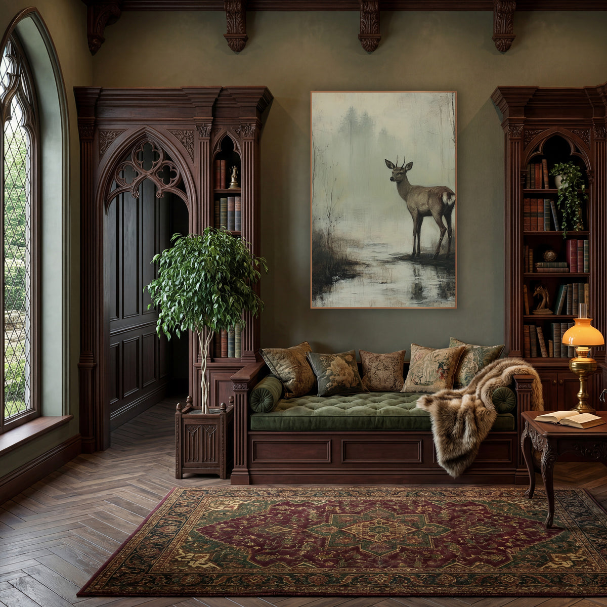 Young Deer Misty Marsh Landscape wall art in a moody dark academia room – young deer with short antlers standing