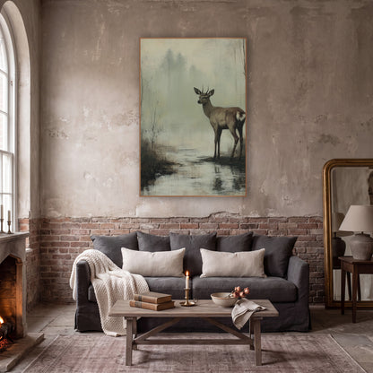 Young Deer Misty Marsh Landscape wall art in a moody dark academia room – young deer with short antlers standing
