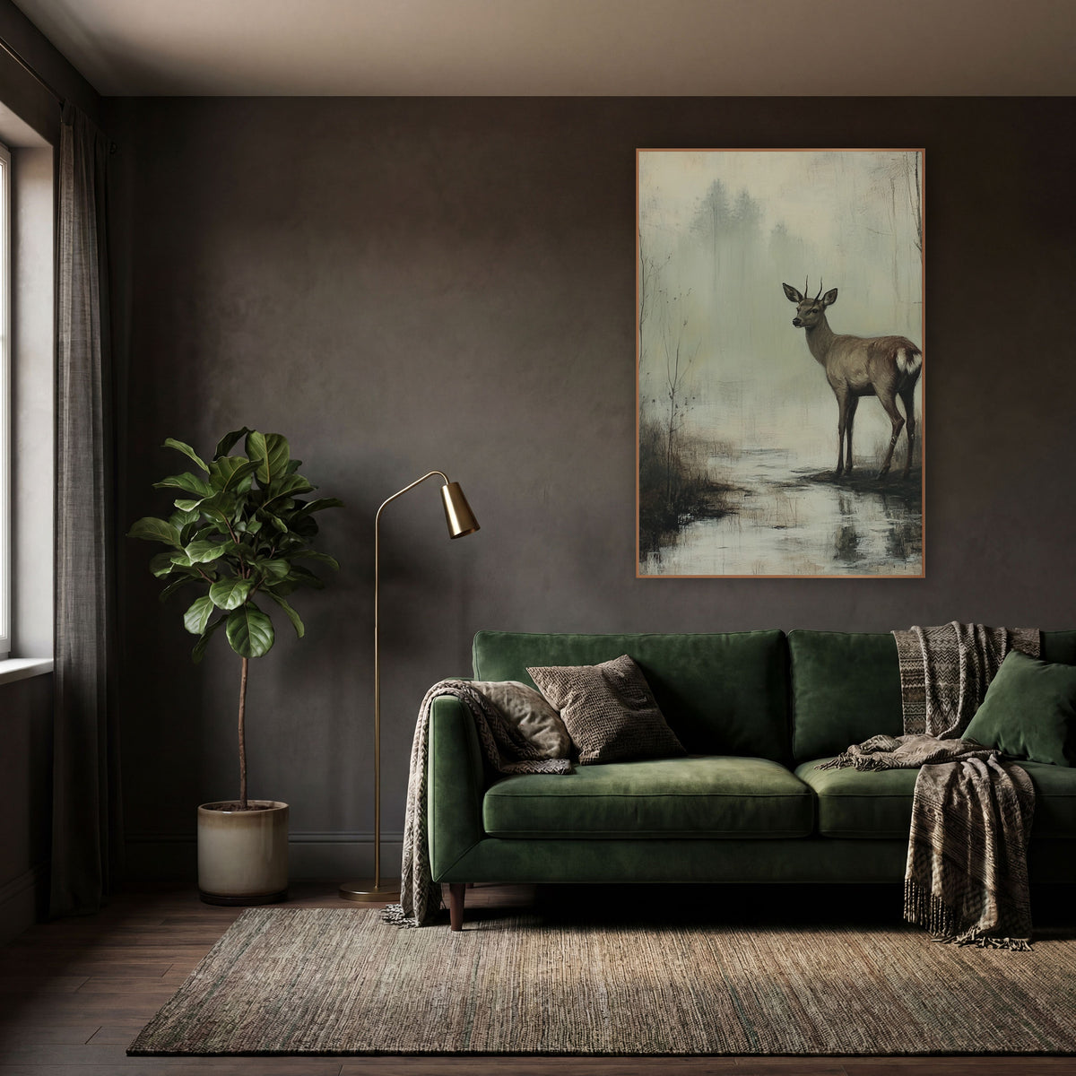 Young Deer Misty Marsh Landscape wall art in a moody dark academia room – young deer with short antlers standing