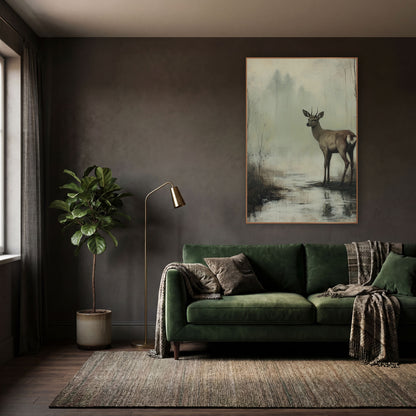 Young Deer Misty Marsh Landscape wall art in a moody dark academia room – young deer with short antlers standing