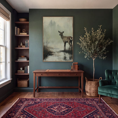 Young Deer Misty Marsh Landscape wall art in a moody dark academia room – young deer with short antlers standing