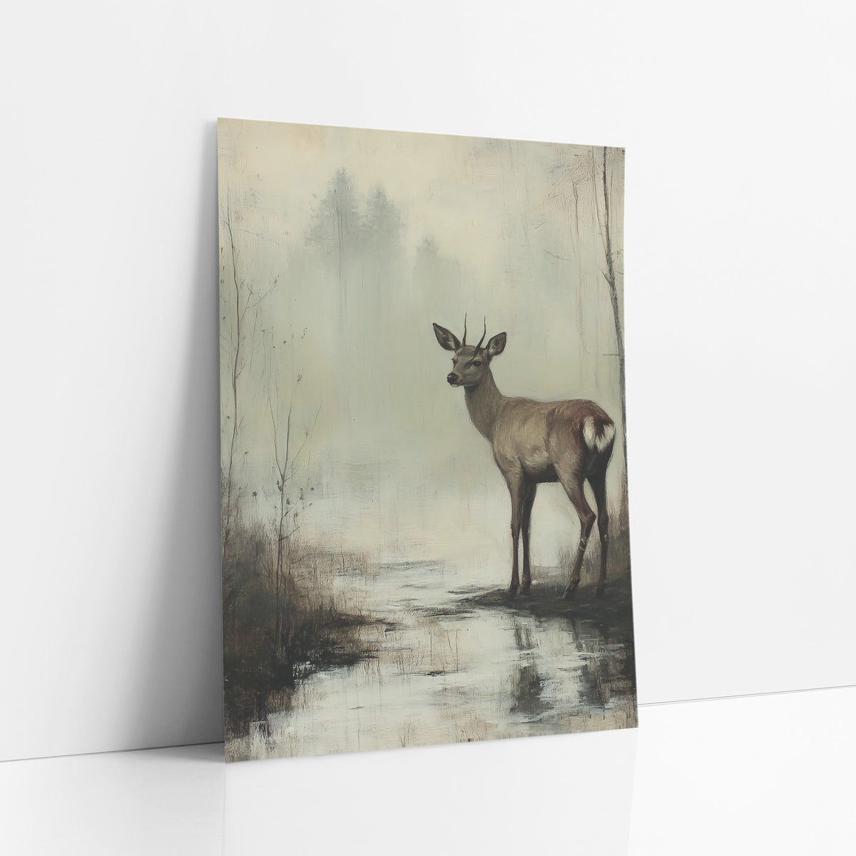 Young Deer Misty Marsh Landscape art print leaning against a white wall – young deer with short antlers standing by a still