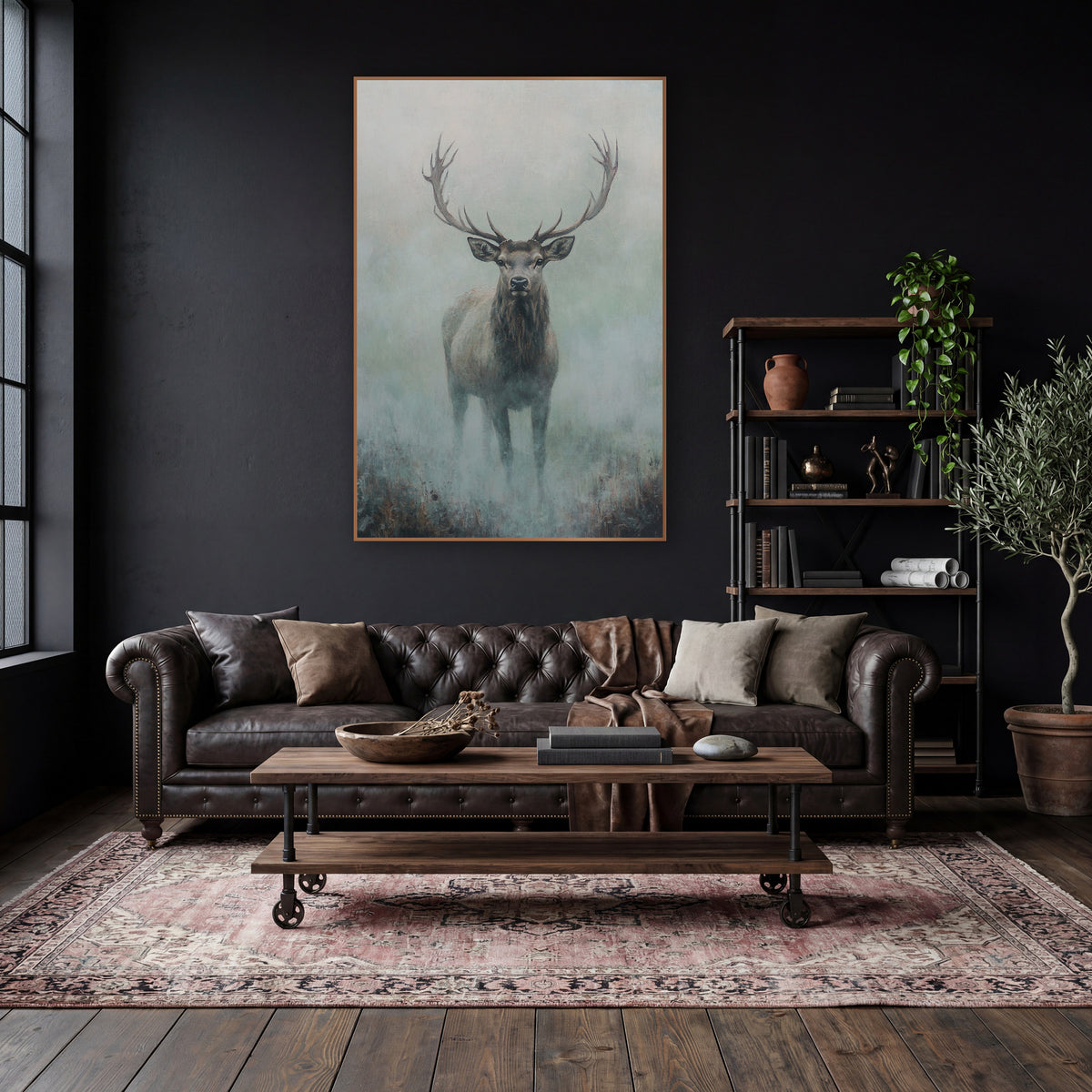Full Body Fog Stag Modern wall art in a moody dark academia room – stag with wide branching antlers standing in pale