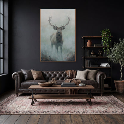 Full Body Fog Stag Modern wall art in a moody dark academia room – stag with wide branching antlers standing in pale