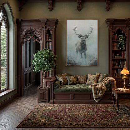 Full Body Fog Stag Modern wall art in a moody dark academia room – stag with wide branching antlers standing in pale