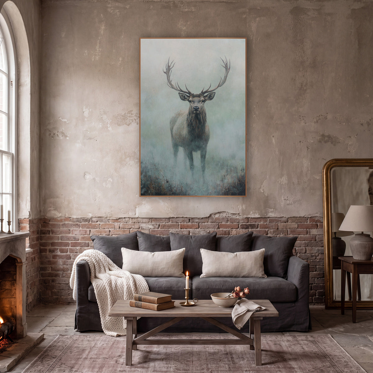 Full Body Fog Stag Modern wall art in a moody dark academia room – stag with wide branching antlers standing in pale