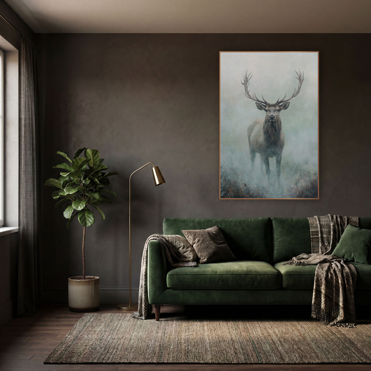 Full Body Fog Stag Modern wall art in a moody dark academia room – stag with wide branching antlers standing in pale