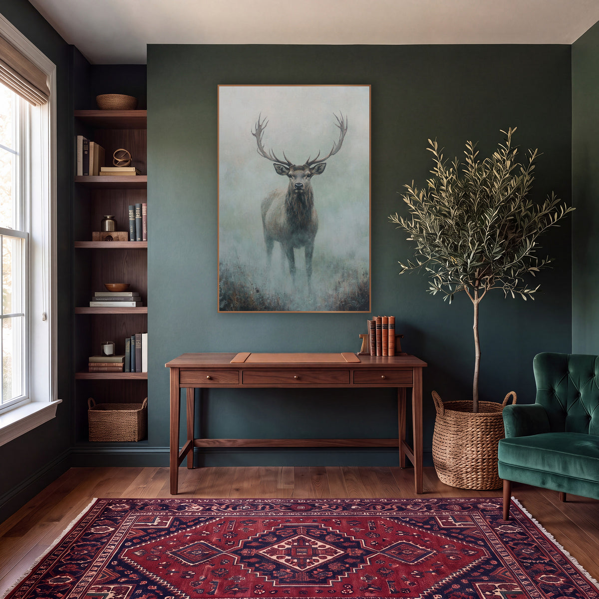 Full Body Fog Stag Modern wall art in a moody dark academia room – stag with wide branching antlers standing in pale