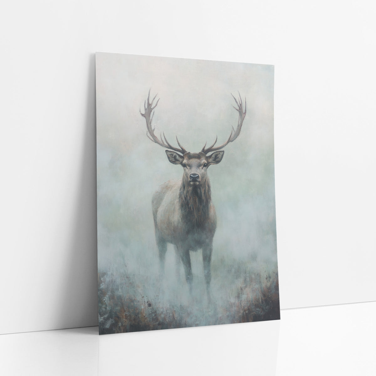 Full Body Fog Stag Modern art print leaning against a white wall – stag with wide branching antlers standing in pale