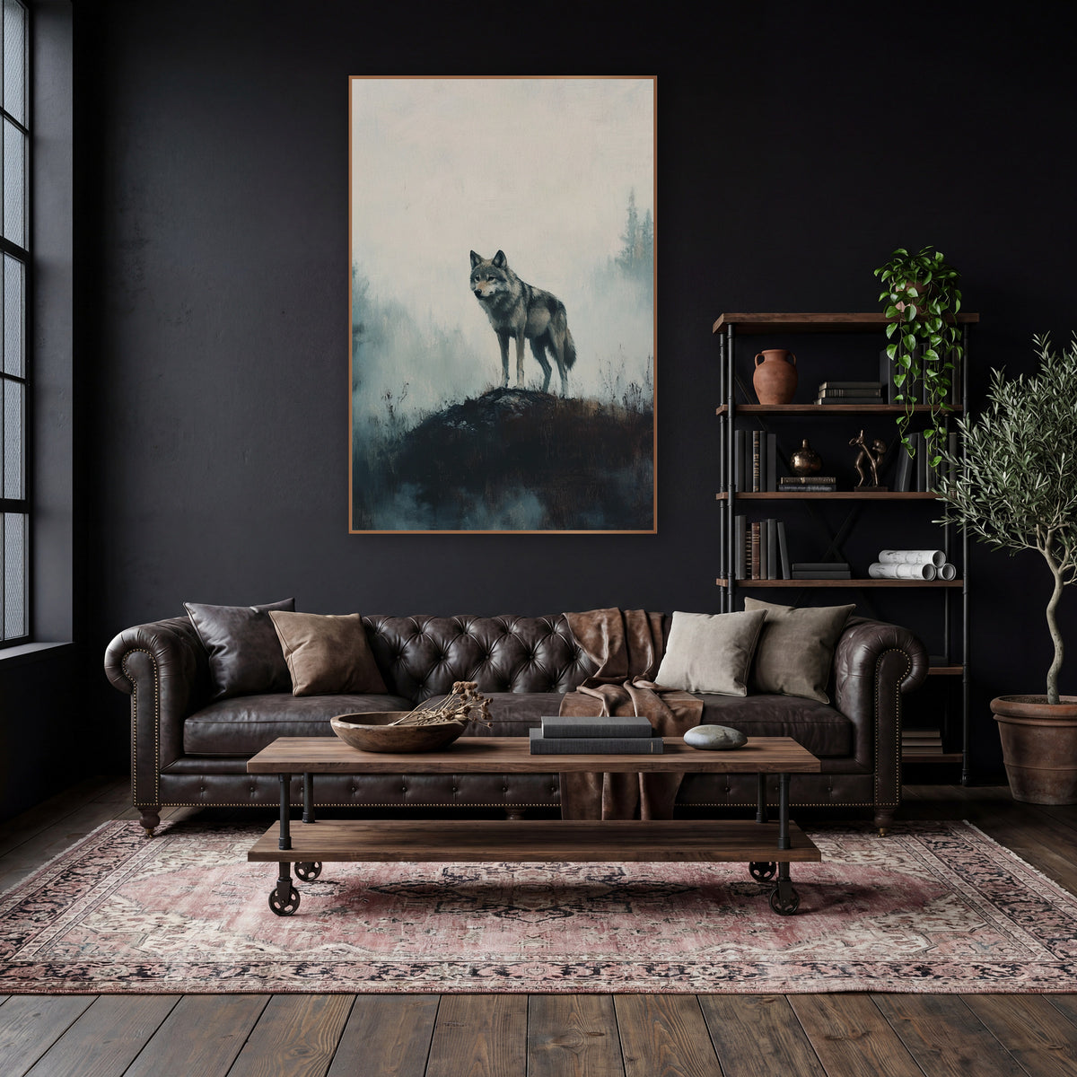 Gray Wolf Side Profile Moody wall art in a moody dark academia room – gray wolf standing on a dark grassy mound