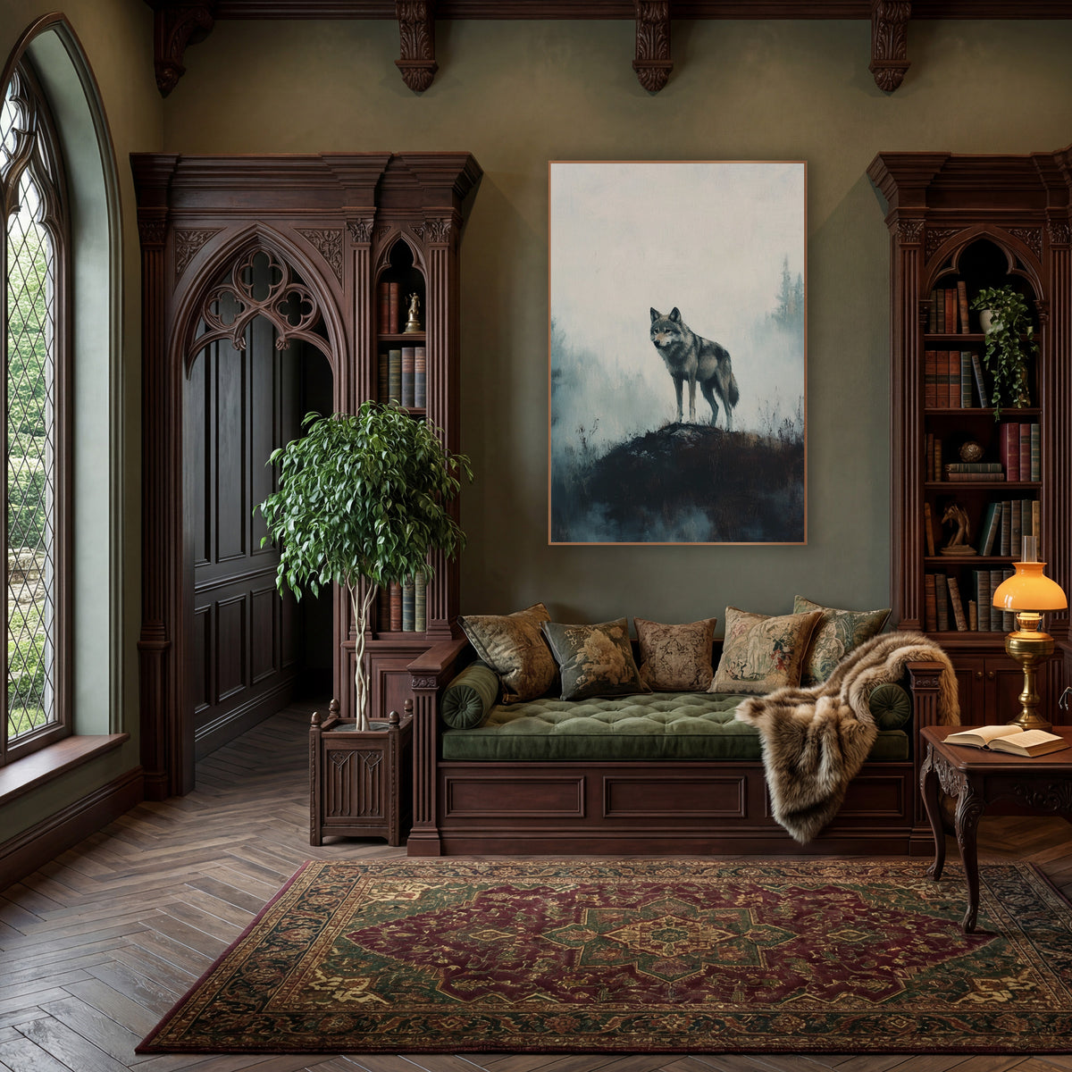 Gray Wolf Side Profile Moody wall art in a moody dark academia room – gray wolf standing on a dark grassy mound