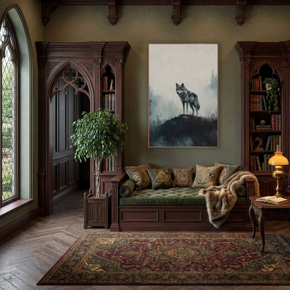 Gray Wolf Side Profile Moody wall art in a moody dark academia room – gray wolf standing on a dark grassy mound