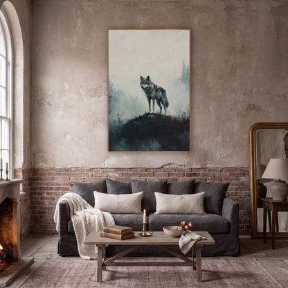 Gray Wolf Side Profile Moody wall art in a moody dark academia room – gray wolf standing on a dark grassy mound