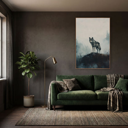 Gray Wolf Side Profile Moody wall art in a moody dark academia room – gray wolf standing on a dark grassy mound