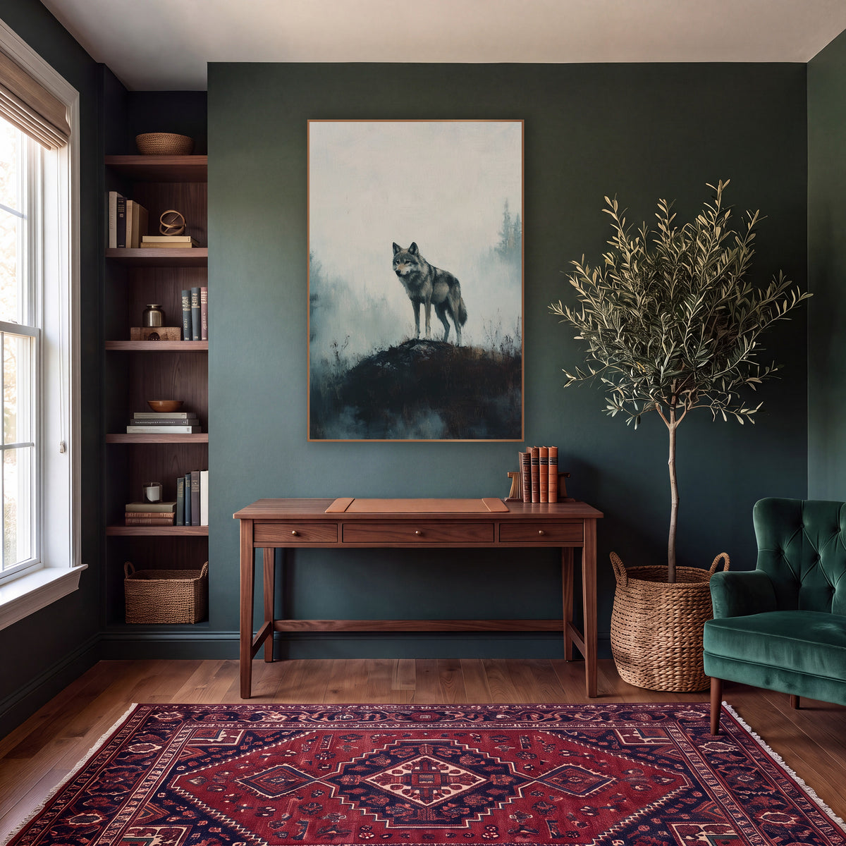 Gray Wolf Side Profile Moody wall art in a moody dark academia room – gray wolf standing on a dark grassy mound