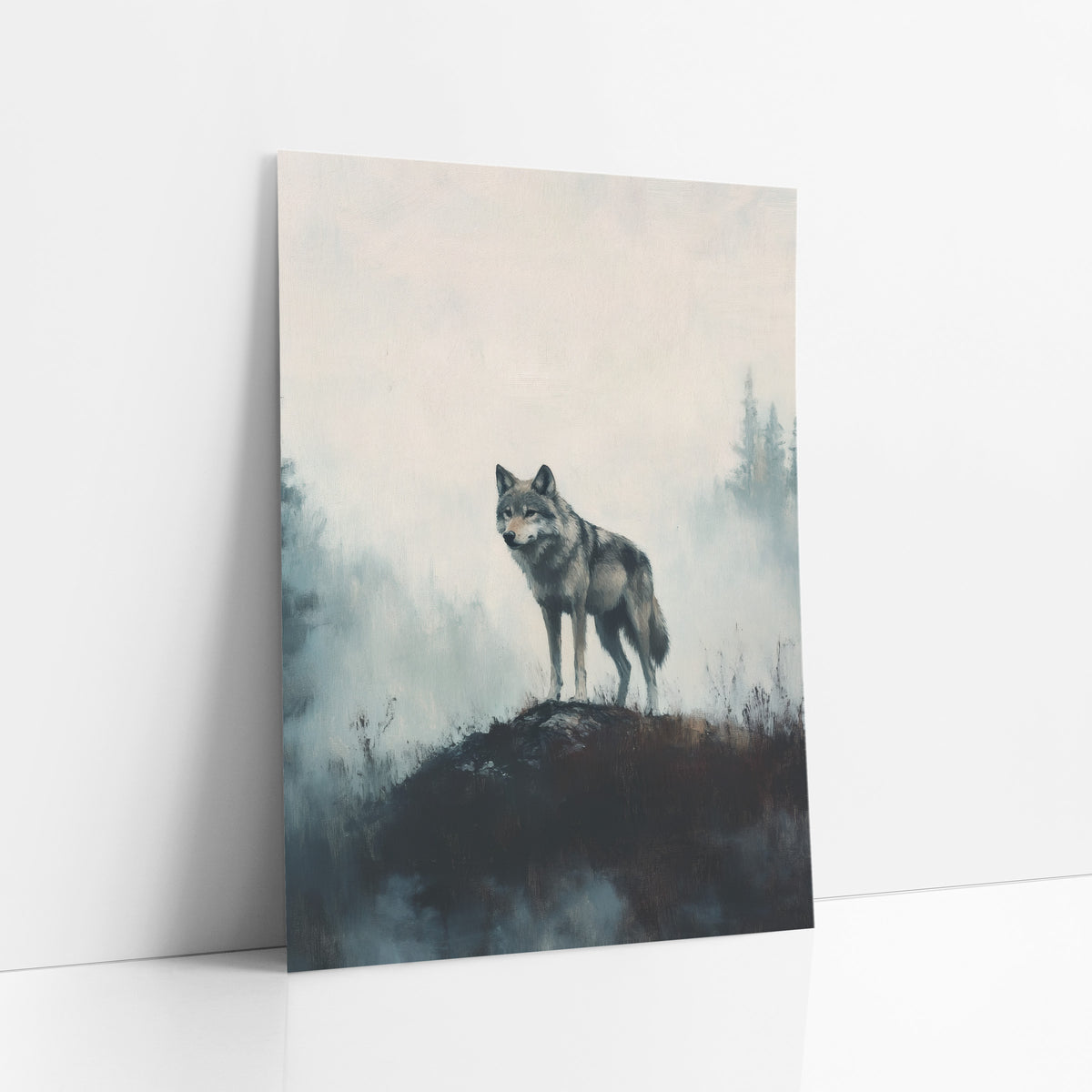 Gray Wolf Side Profile Moody art print leaning against a white wall – gray wolf standing on a dark grassy mound