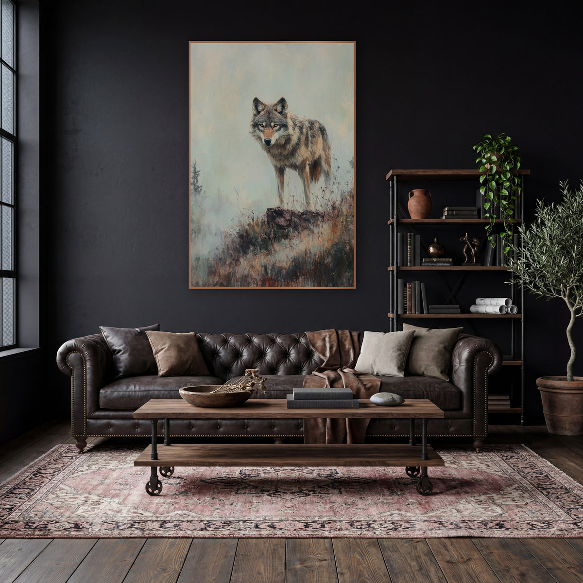Warm Toned Wolf Facing Forward Rustic wall art in a moody dark academia room – gray wolf standing on a rocky mound