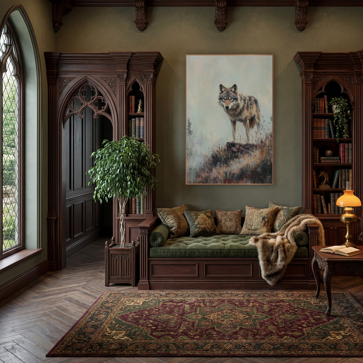 Warm Toned Wolf Facing Forward Rustic wall art in a moody dark academia room – gray wolf standing on a rocky mound