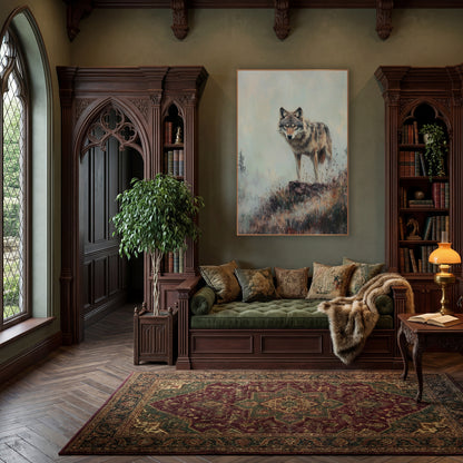 Warm Toned Wolf Facing Forward Rustic wall art in a moody dark academia room – gray wolf standing on a rocky mound