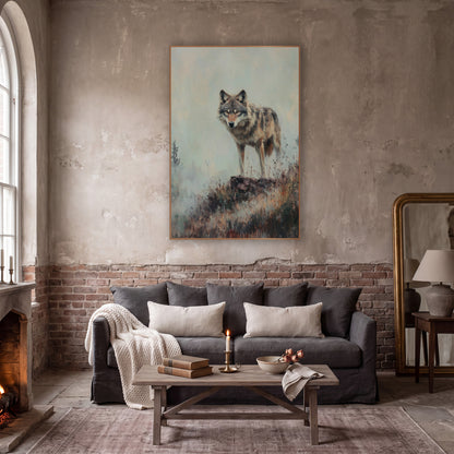 Warm Toned Wolf Facing Forward Rustic wall art in a moody dark academia room – gray wolf standing on a rocky mound