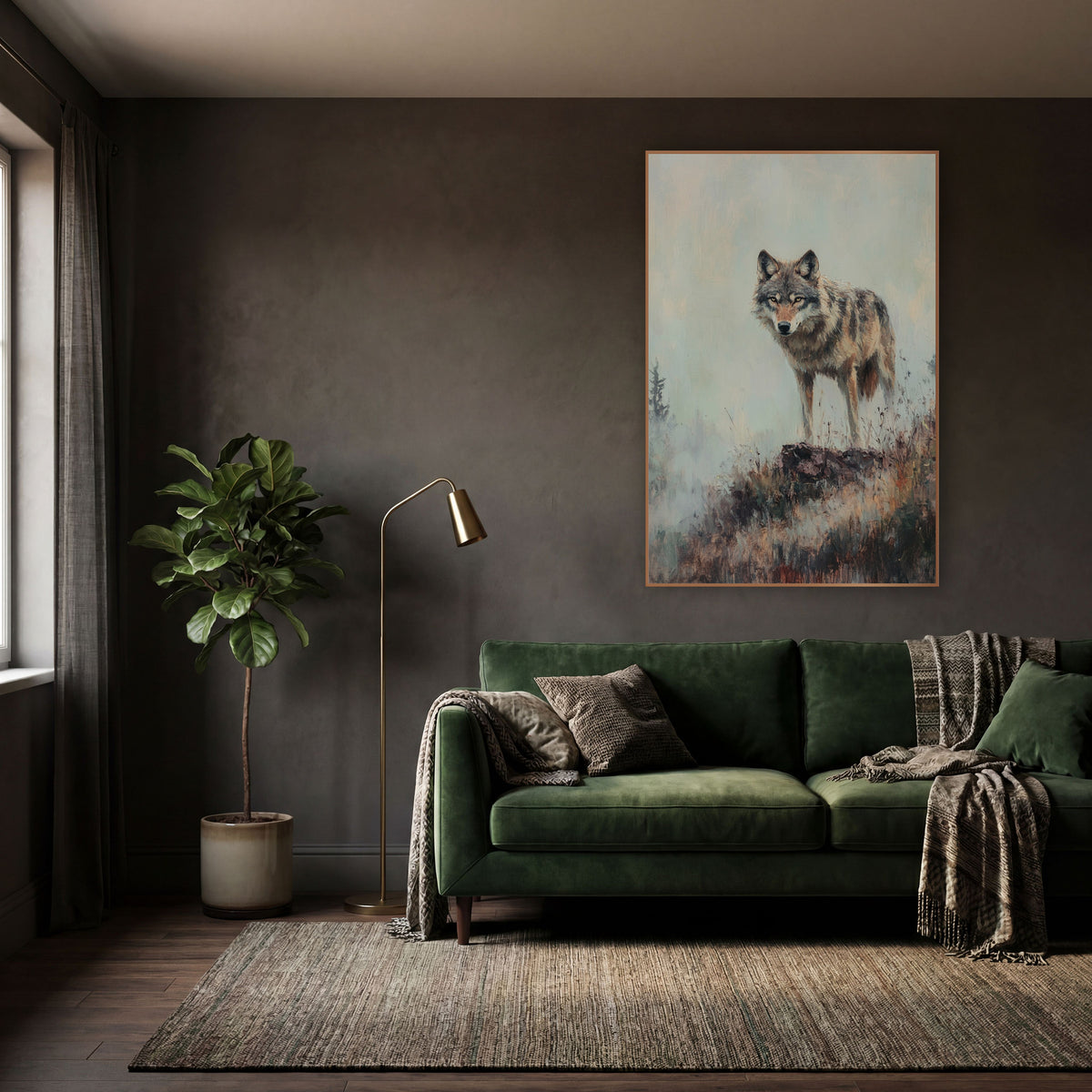 Warm Toned Wolf Facing Forward Rustic wall art in a moody dark academia room – gray wolf standing on a rocky mound