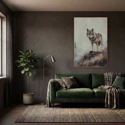 Warm Toned Wolf Facing Forward Rustic wall art in a moody dark academia room – gray wolf standing on a rocky mound
