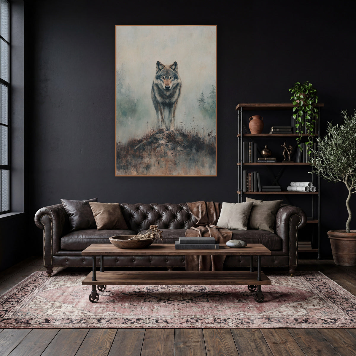 Front Facing Wolf Mossy Mound Classic wall art in a moody dark academia room – gray wolf standing on a rocky mound