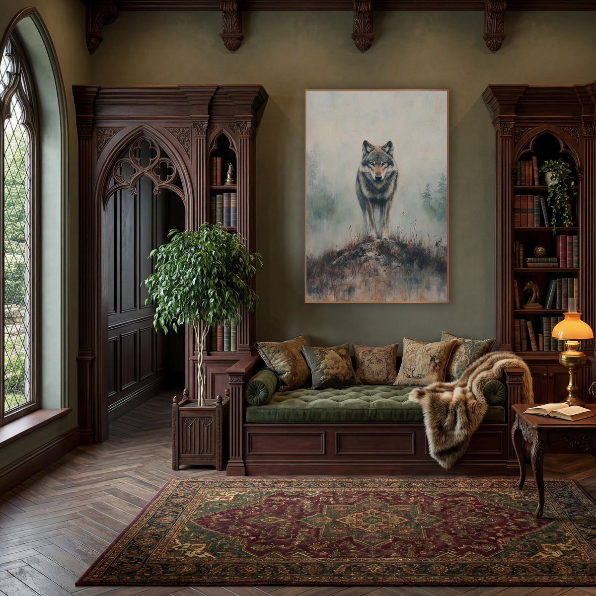 Front Facing Wolf Mossy Mound Classic wall art in a moody dark academia room – gray wolf standing on a rocky mound