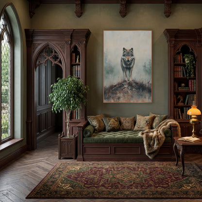 Front Facing Wolf Mossy Mound Classic wall art in a moody dark academia room – gray wolf standing on a rocky mound