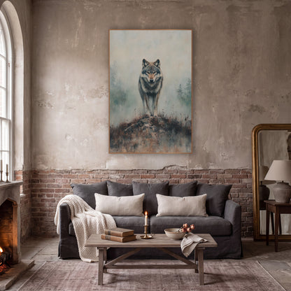 Front Facing Wolf Mossy Mound Classic wall art in a moody dark academia room – gray wolf standing on a rocky mound