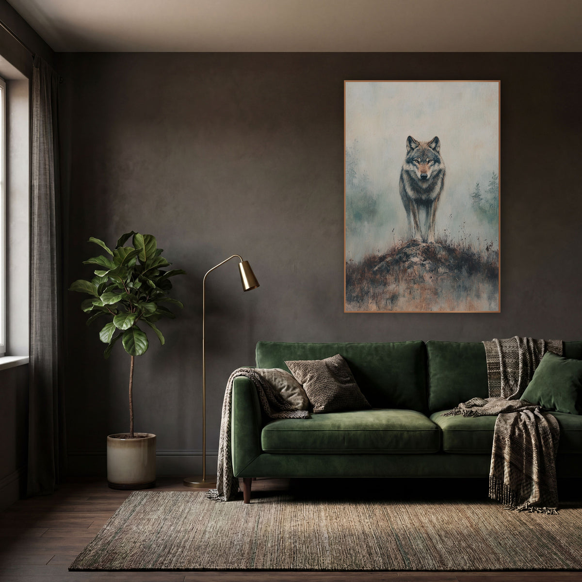 Front Facing Wolf Mossy Mound Classic wall art in a moody dark academia room – gray wolf standing on a rocky mound