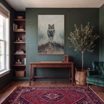 Front Facing Wolf Mossy Mound Classic wall art in a moody dark academia room – gray wolf standing on a rocky mound