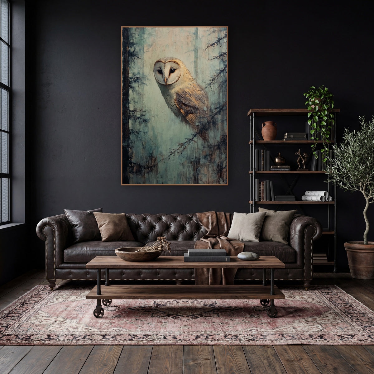 Barn Owl Misty Forest Tonalist wall art in a moody dark academia room – pale barn owl with heart-shaped face between