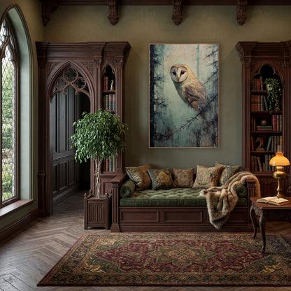 Barn Owl Misty Forest Tonalist wall art in a moody dark academia room – pale barn owl with heart-shaped face between