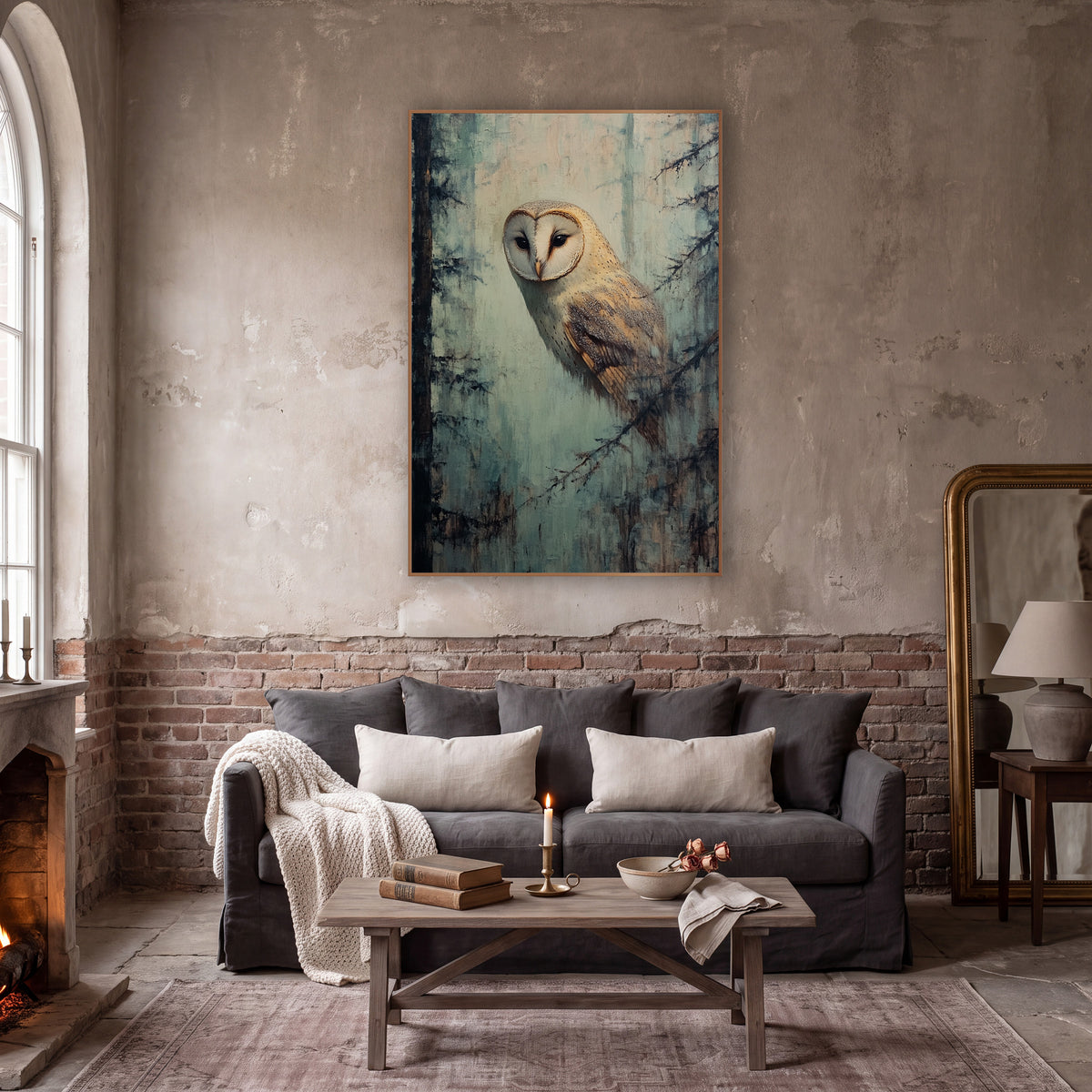 Barn Owl Misty Forest Tonalist wall art in a moody dark academia room – pale barn owl with heart-shaped face between