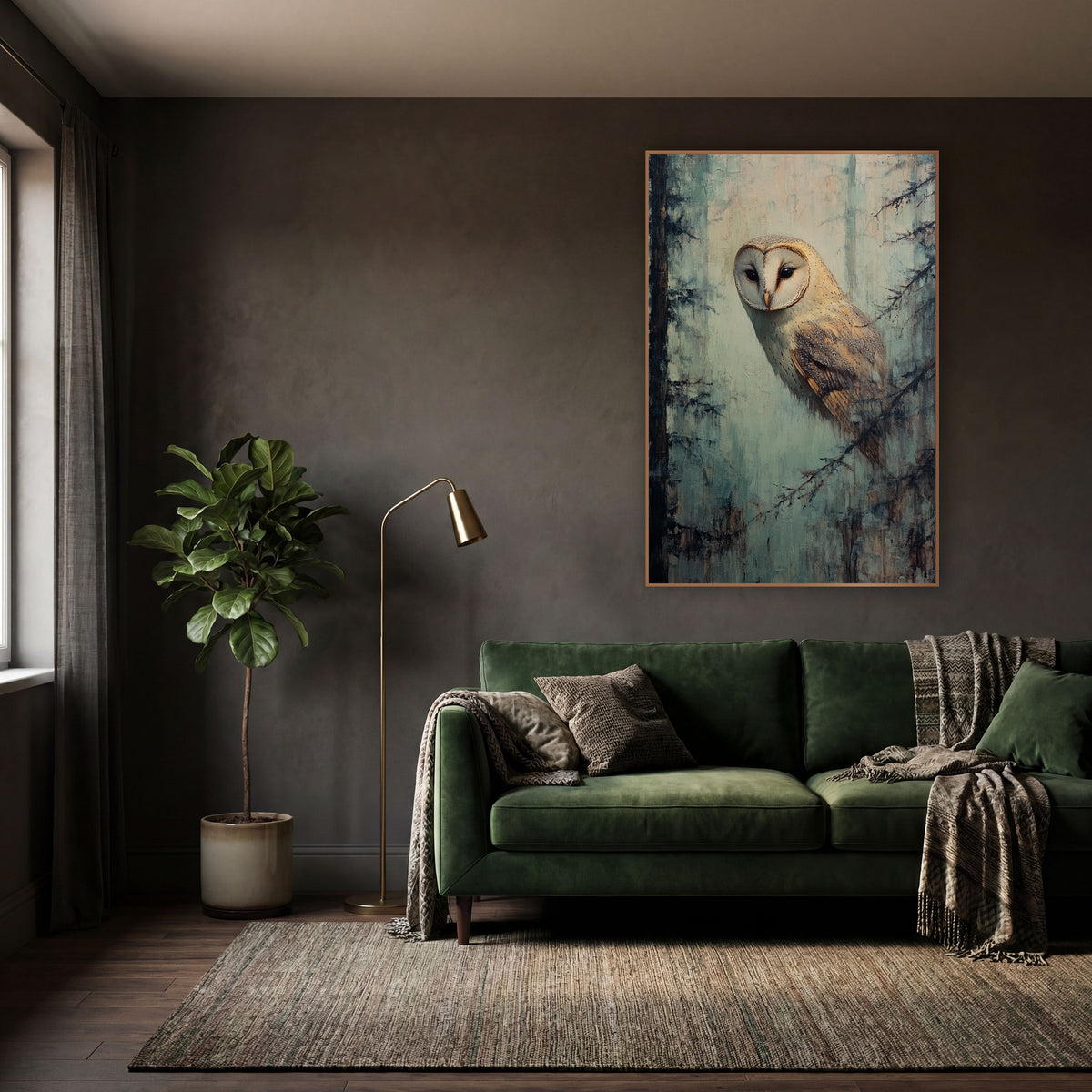 Barn Owl Misty Forest Tonalist wall art in a moody dark academia room – pale barn owl with heart-shaped face between