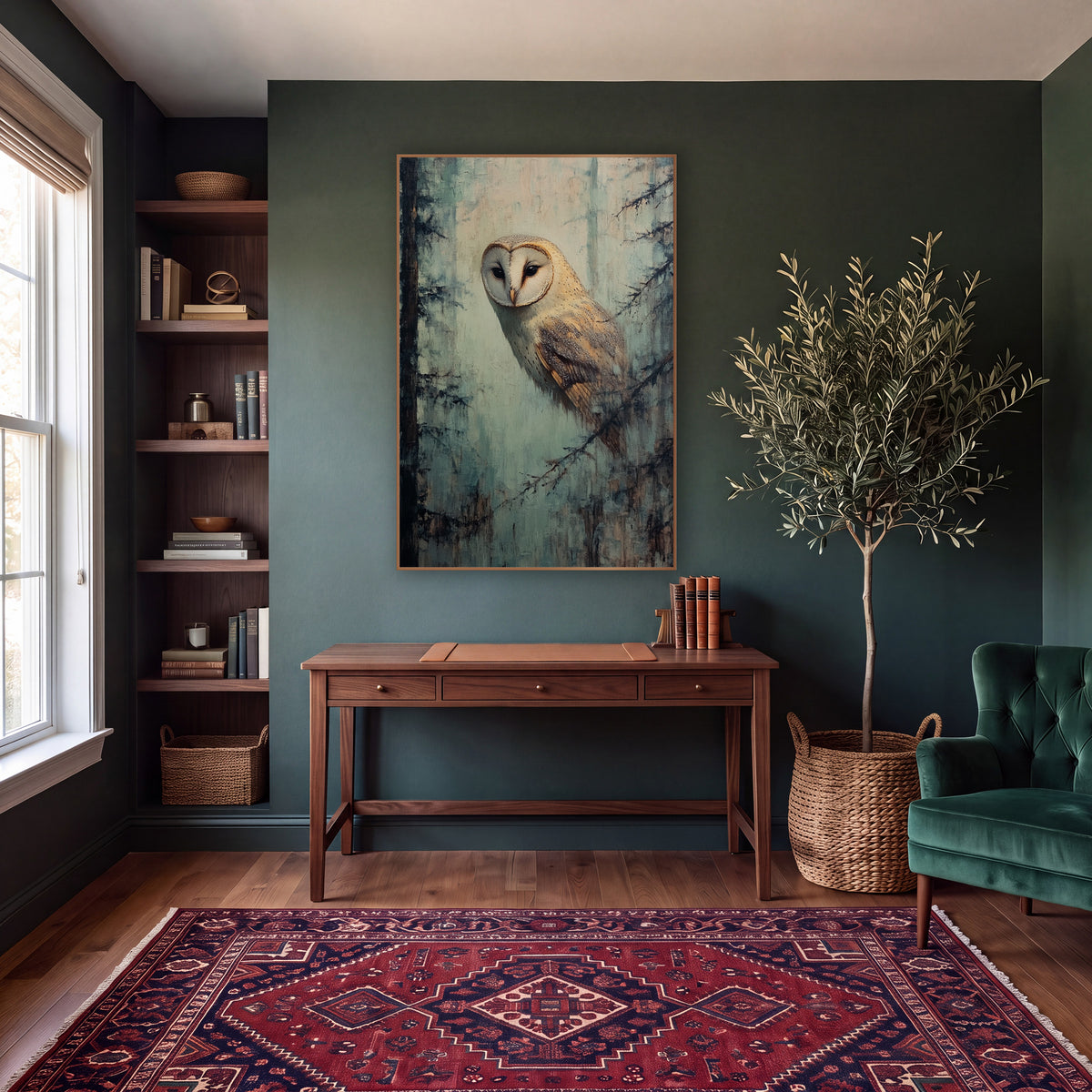 Barn Owl Misty Forest Tonalist wall art in a moody dark academia room – pale barn owl with heart-shaped face between