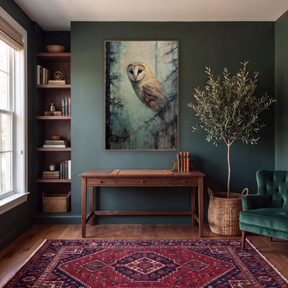 Barn Owl Misty Forest Tonalist wall art in a moody dark academia room – pale barn owl with heart-shaped face between
