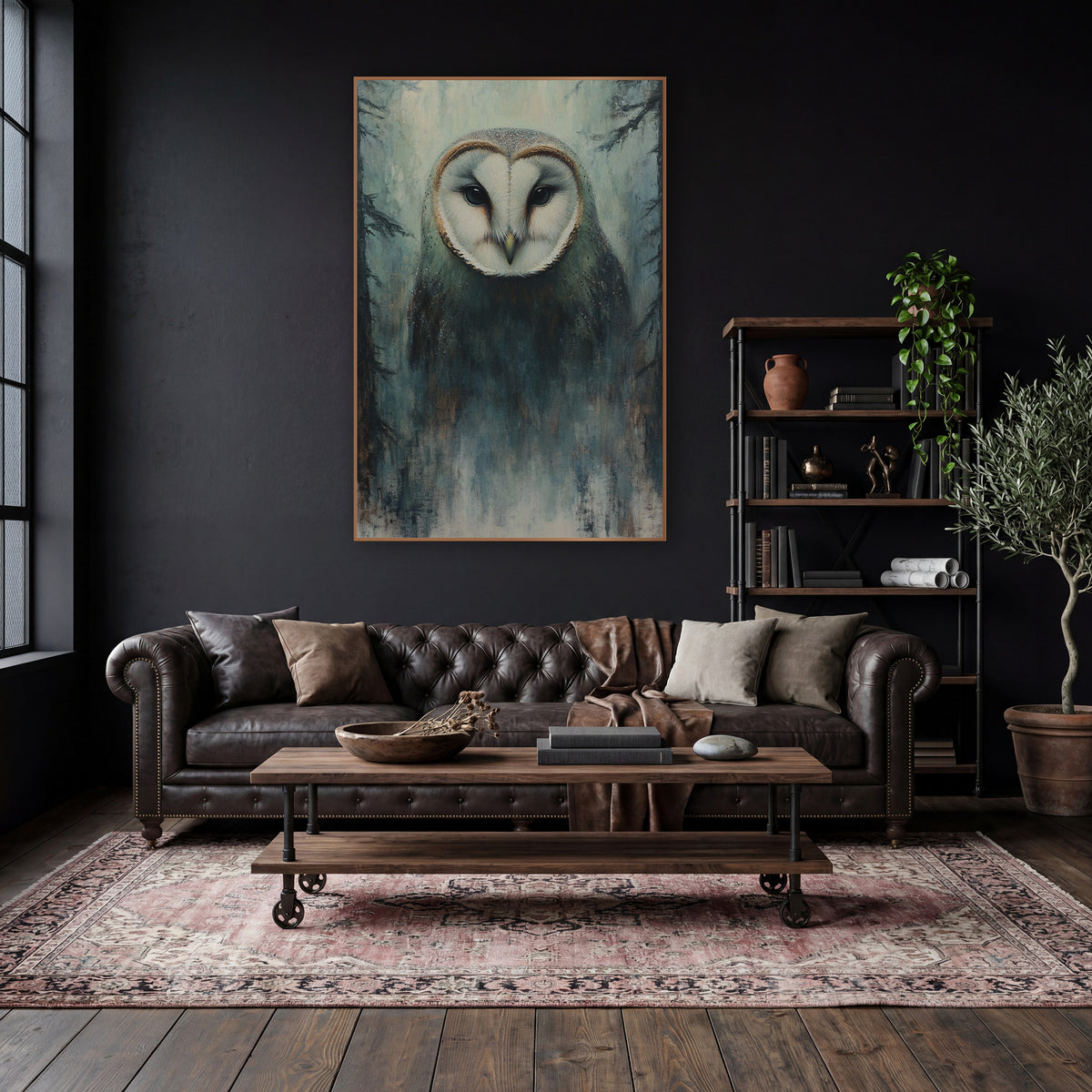 Misty Forest Barn Owl Tonalist wall art in a moody dark academia room – barn owl with white heart-shaped face and dark