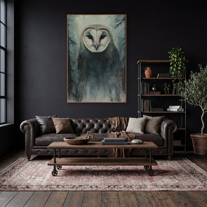 Misty Forest Barn Owl Tonalist wall art in a moody dark academia room – barn owl with white heart-shaped face and dark