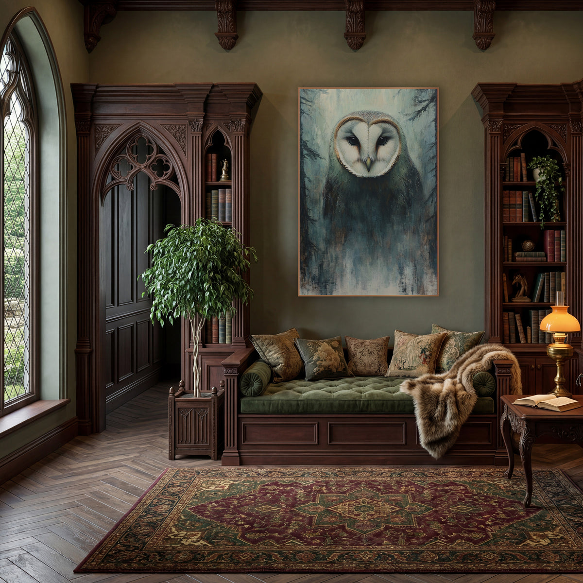 Misty Forest Barn Owl Tonalist wall art in a moody dark academia room – barn owl with white heart-shaped face and dark
