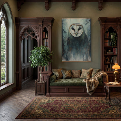 Misty Forest Barn Owl Tonalist wall art in a moody dark academia room – barn owl with white heart-shaped face and dark