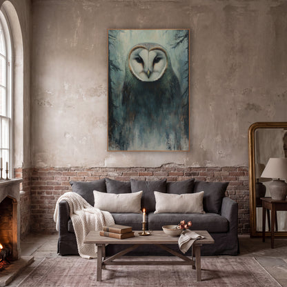 Misty Forest Barn Owl Tonalist wall art in a moody dark academia room – barn owl with white heart-shaped face and dark