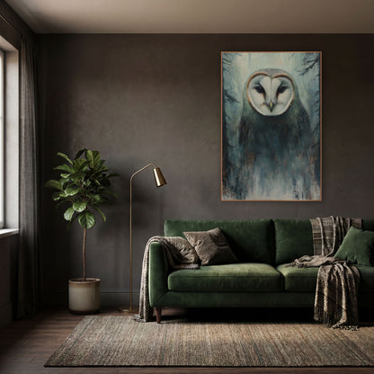 Misty Forest Barn Owl Tonalist wall art in a moody dark academia room – barn owl with white heart-shaped face and dark
