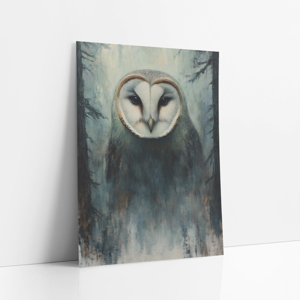 Misty Forest Barn Owl Tonalist art print leaning against a white wall – barn owl with white heart-shaped face and dark eyes