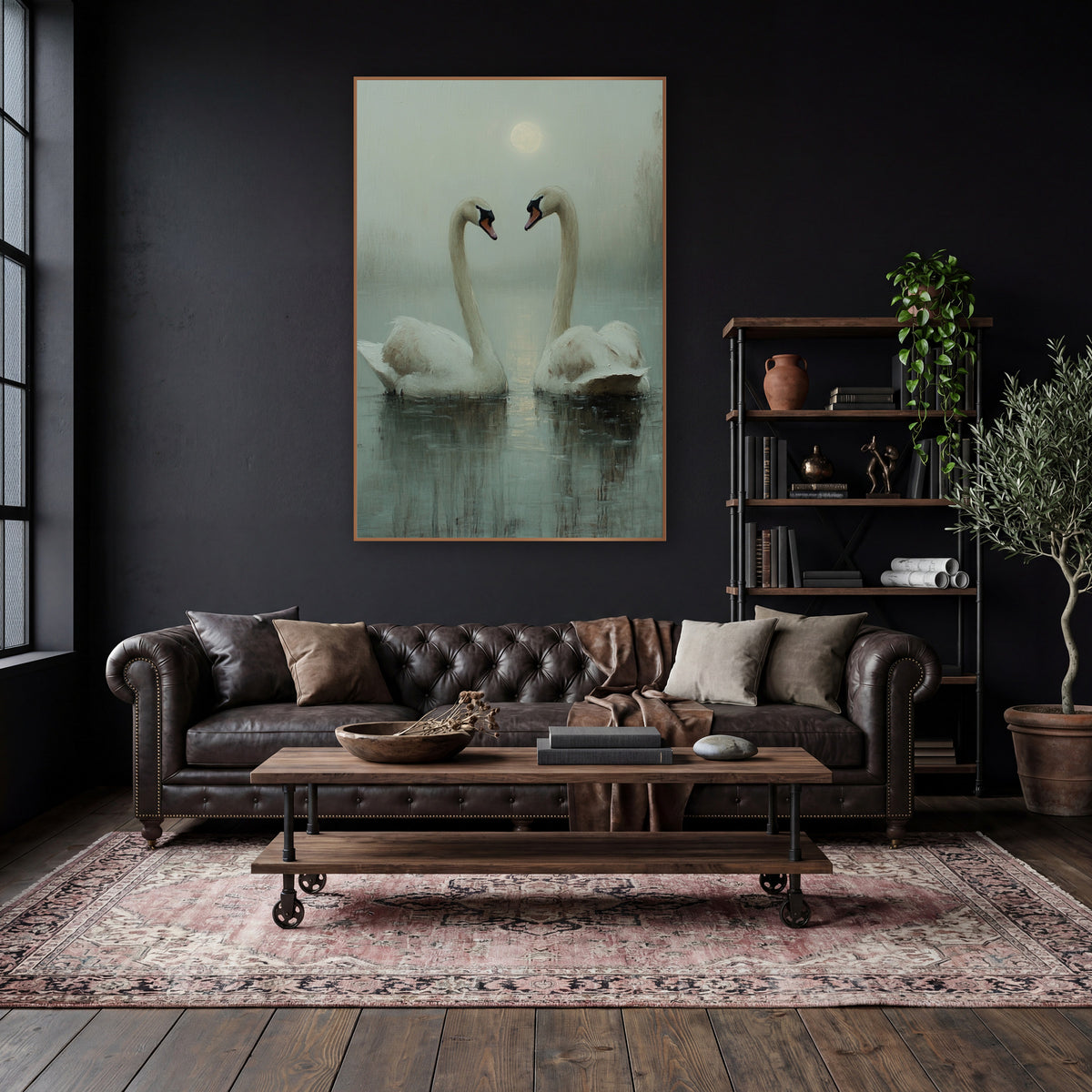 Moonlit Swan Pair Misty Lake wall art in a moody dark academia room – two white swans face each other on a misty sage