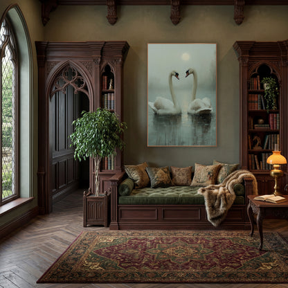 Moonlit Swan Pair Misty Lake wall art in a moody dark academia room – two white swans face each other on a misty sage