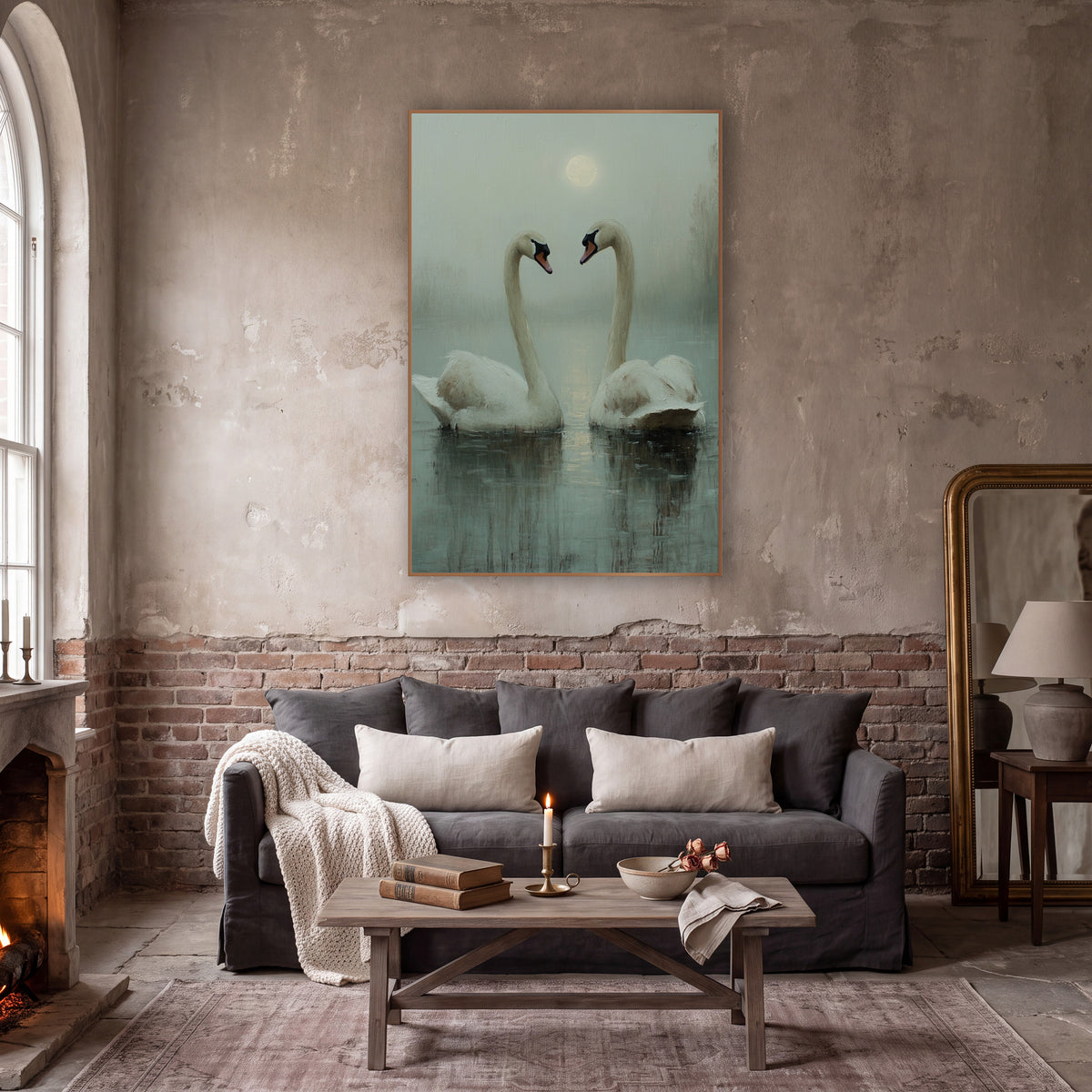 Moonlit Swan Pair Misty Lake wall art in a moody dark academia room – two white swans face each other on a misty sage