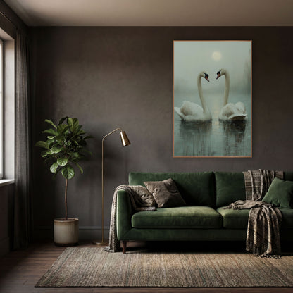 Moonlit Swan Pair Misty Lake wall art in a moody dark academia room – two white swans face each other on a misty sage
