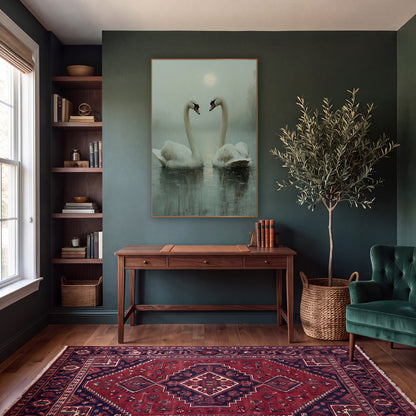 Moonlit Swan Pair Misty Lake wall art in a moody dark academia room – two white swans face each other on a misty sage